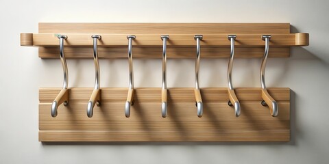 Modern wooden coat rack with curved hooks on a sturdy base, sleek, modern, coat rack, wood, sy base, curved hooks