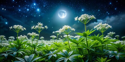 Obraz premium Enchanting Night Photography of Galium odoratum in a Moonlit Forest, Capturing the Delicate White Flowers and Lush Green Leaves Under a Starry Sky