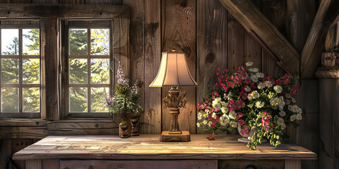 Rustic Interior with Table Lamp, Flowers, and Windows