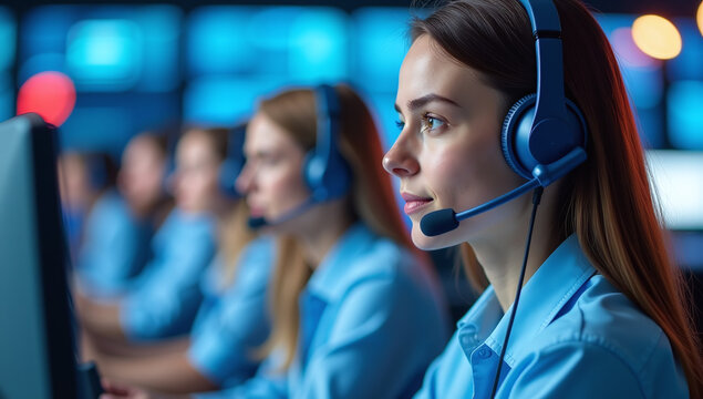 blue headphones support team operators working together multiple calls simultaneously
