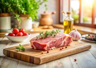 Fresh Raw Steak on a Wooden Cutting Board in a Bright, Airy Kitchen with Natural Light Streaming Through the Window, Perfect for Culinary and Cooking Themes