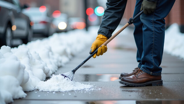 city worker wears gloves sprinkle salt icy sidewalks help prevent accidents snowy weather