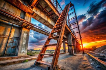 Fototapeta premium Heavy-Duty Ladder Industrial Structure Wide Angle Photography - Steel Construction, Climbing Equipment, Safety Gear, Architectural Detail