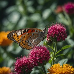 A macro shot of a butterfly on a vibrant flower.