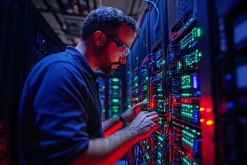 A technician works on a server rack, surrounded by illuminated displays, in a high-tech environment.