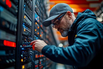 A technician adjusts equipment in a server room, surrounded by numerous servers and glowing indicators, focused on optimizing performance.