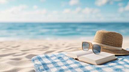 A serene beach scene featuring a straw hat, sunglasses, and an open book on a checkered blanket, with the ocean in the background.