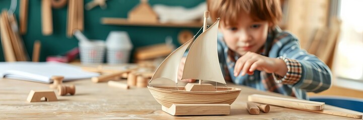 Boy wearing overalls building a wooden toy ship in a workshop, create, handmade
