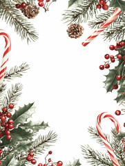 Festive Christmas frame with candy canes, pine, holly, and berries.