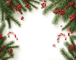 Festive Christmas frame with fir branches, berries, pine cones, and candy canes on white background.