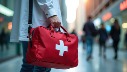 Naklejka premium doctor carries medical bag emergencies work public
