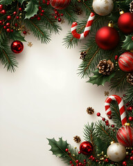 Christmas border design with pine, holly, ornaments, candy canes, and pinecones on beige background.
