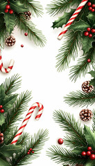 Christmas frame with holly, pine, candy canes, and berries.