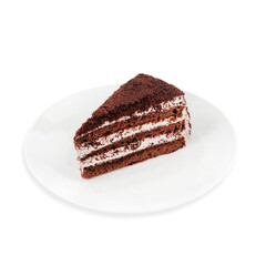 A piece of chocolate cake on a plate, on a white background, isolated.