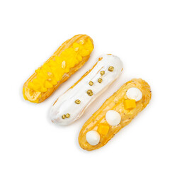 Eclairs cake, top view, on white background, isolated.