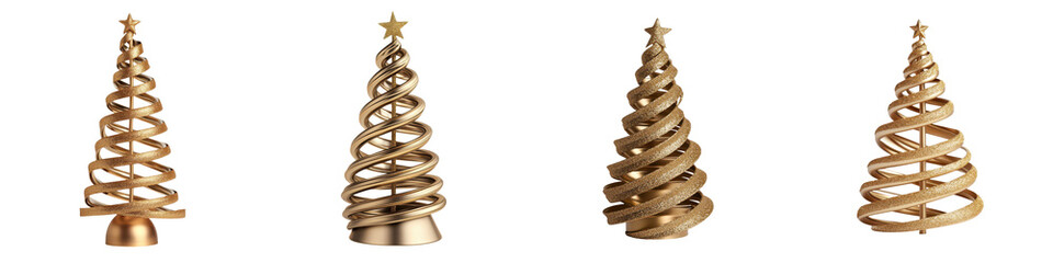 Unique and stylish modern spiral Christmas tree ornaments in shiny golden metallic design  These abstract twisted and swirled tree shapes create a contemporary