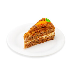 A piece of carrot cake on a plate, on a white background, isolated.