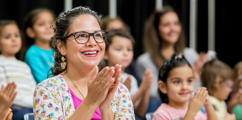 Obraz premium Happy working mom clapping with children in audience