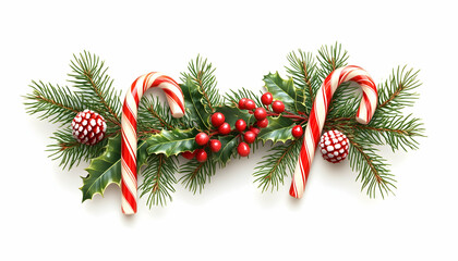 Festive Christmas arrangement with candy canes, holly, and pine branches on white.