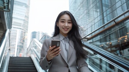 Smiling young professional using smartphone in urban business district