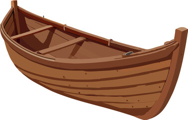 Empty wooden rowboat floating on white background