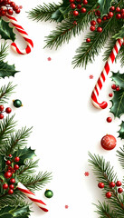 Festive Christmas border with candy canes, holly, and pine branches on white background.