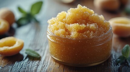 A jar of yellow scrub surrounded by apricot halves on a wooden surface.