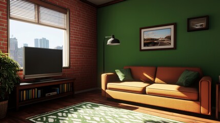 Cozy and Modern Living Room with Green Walls, Large Windows, and Contemporary Furniture, Perfect for Relaxation and Enjoyment in Urban Environment