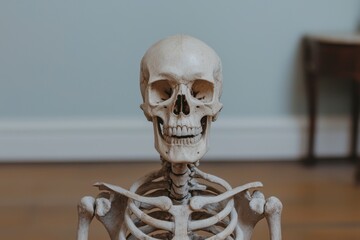 Realistic Human Skeleton Model Displayed in Indoor Setting Perfect for Educational Purposes, Anatomy Studies, and Medical Illustrations, Showcasing Detailed Bone Structure