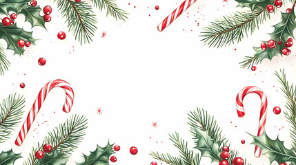 Festive Christmas border with holly, pine, candy canes, and confetti on white.