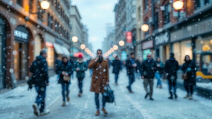 Atmospheric Urban Winter Street Scene with Blurred Figures