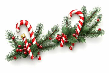 Festive Christmas candy canes and holly berries on pine branches.