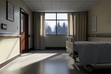 Fototapeta premium Bright and Calm Hospital Room with Bed, Natural Light Streaming Through Window and Scenic View of Trees, Ideal for Healthcare and Medical Concepts