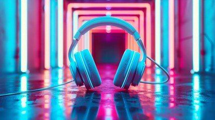 Retro 90s style photo of white stylish wireless headphone in neon lights. Music concept.