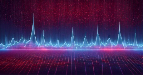 glowing digital waveforms fluctuating in sync with a pulsating grid background, representing the heartbeat of artificial intelligence