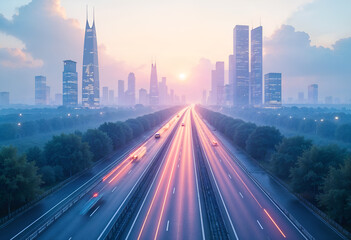 Obraz premium A serene sunset over a modern city, with skyscrapers reflecting the warm hues of the sky and light trails from the highway below. Generative AI