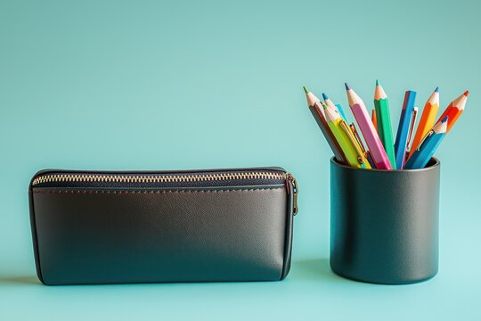 A sleek leather pencil case with a zipper, placed on a pale blue background, alongside an open pen holder filled with colorful stationery, captured in a professional studio setting.