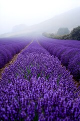 Obraz premium Dreamy Spring Haze Rows of Fragrant Lavender Bloom in a Serene Field, Creating a Purple Paradise.
