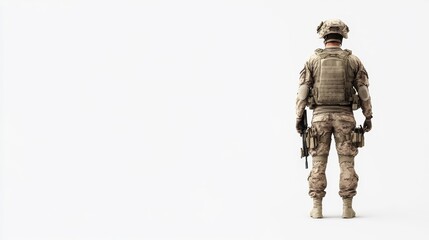 Soldier in Tactical Gear Standing Alone Against a Plain Background, Symbolizing Strength, Courage, and Duty in Military Service, Ready for Action and Vigilant Against Threats