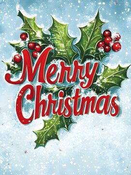 Merry Christmas Card with Holly Leaves and Berries on a snowy Background