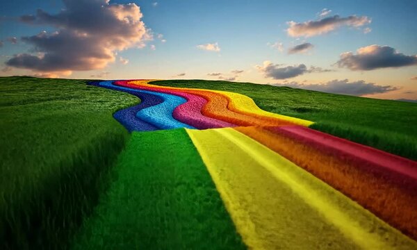 Vibrant Rainbow Road Winding Through Lush Green Fields Under a Cloudy Sky