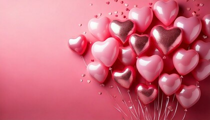 Valentine's on a pink with pink heart shape and pink balloons and copy space