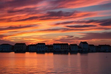 Naklejka premium Twilight Reflections - A Town Embraced by Sunset