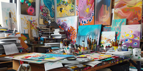 Naklejka premium Artist's Studio Workbench with Abstract Canvases and Painting Supplies