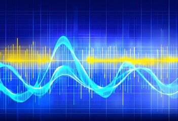 Fototapeta premium glowing digital waveforms fluctuating in sync with a pulsating grid background, representing the heartbeat of artificial intelligence