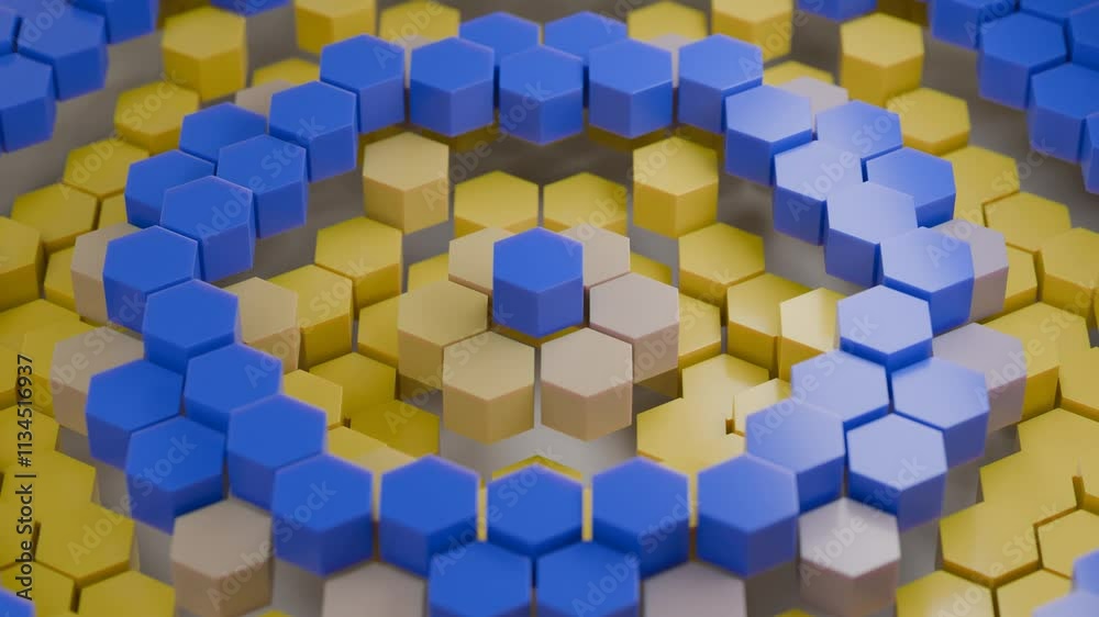 Poster 3d loop animation of an abstract background made of multiple hexagons. the honeycombs rise and fall,