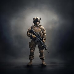 Obraz premium Intense Portrait of a Soldier in Tactical Gear Posing Fiercely with Rifle, Showcasing Camouflage, Tactical Vest, and Determination in Dramatic Lighting