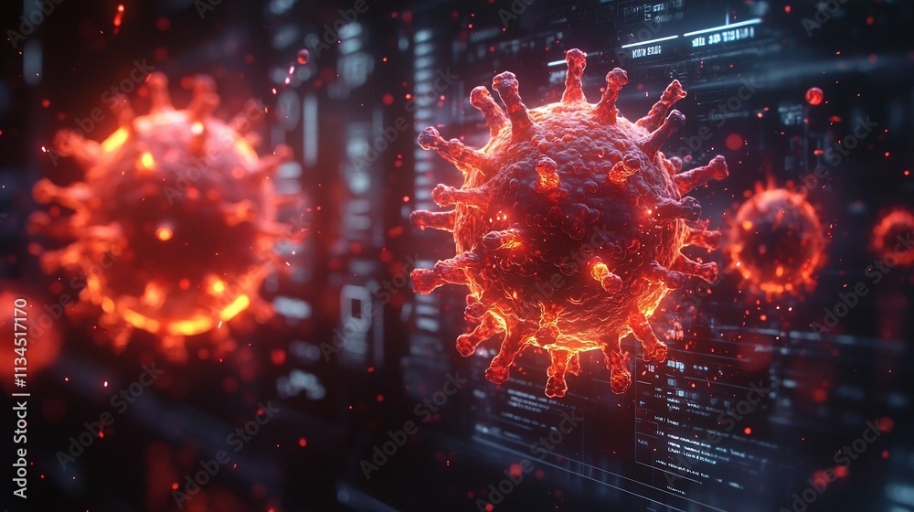 Poster computer interface showing virus warning with spreading digital particles cybersecurity concept