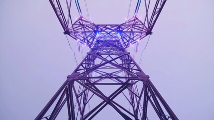 Stunning View from Below of a High Voltage Power Line Tower with Illuminated Design Against a Soft Pink and Purple Sky during Twilight, Capturing Modern Infrastructure