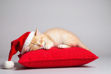 Kitten in Santa hat sleeping on red cushion